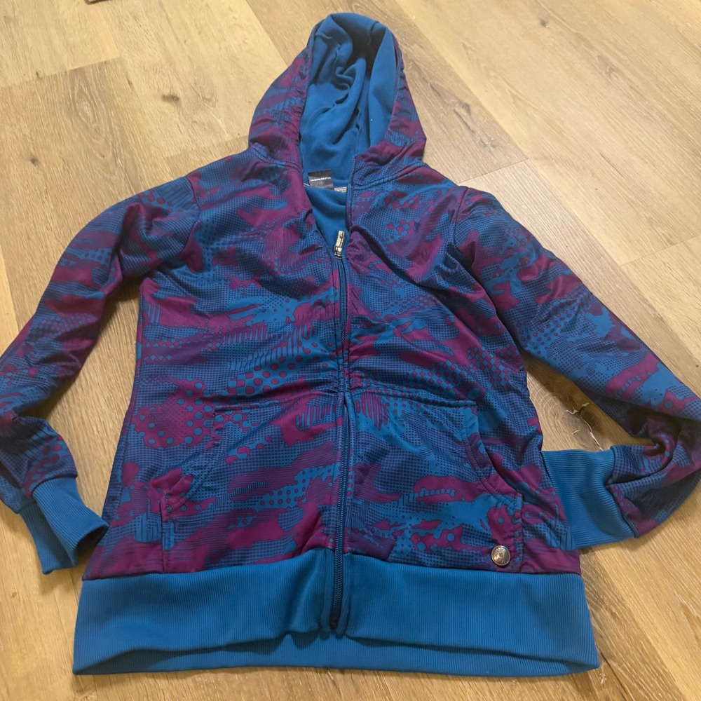 Burton Kids Large Full Zip Hoodie Teal Purple Abstract Camo Fleece Lined Jacket